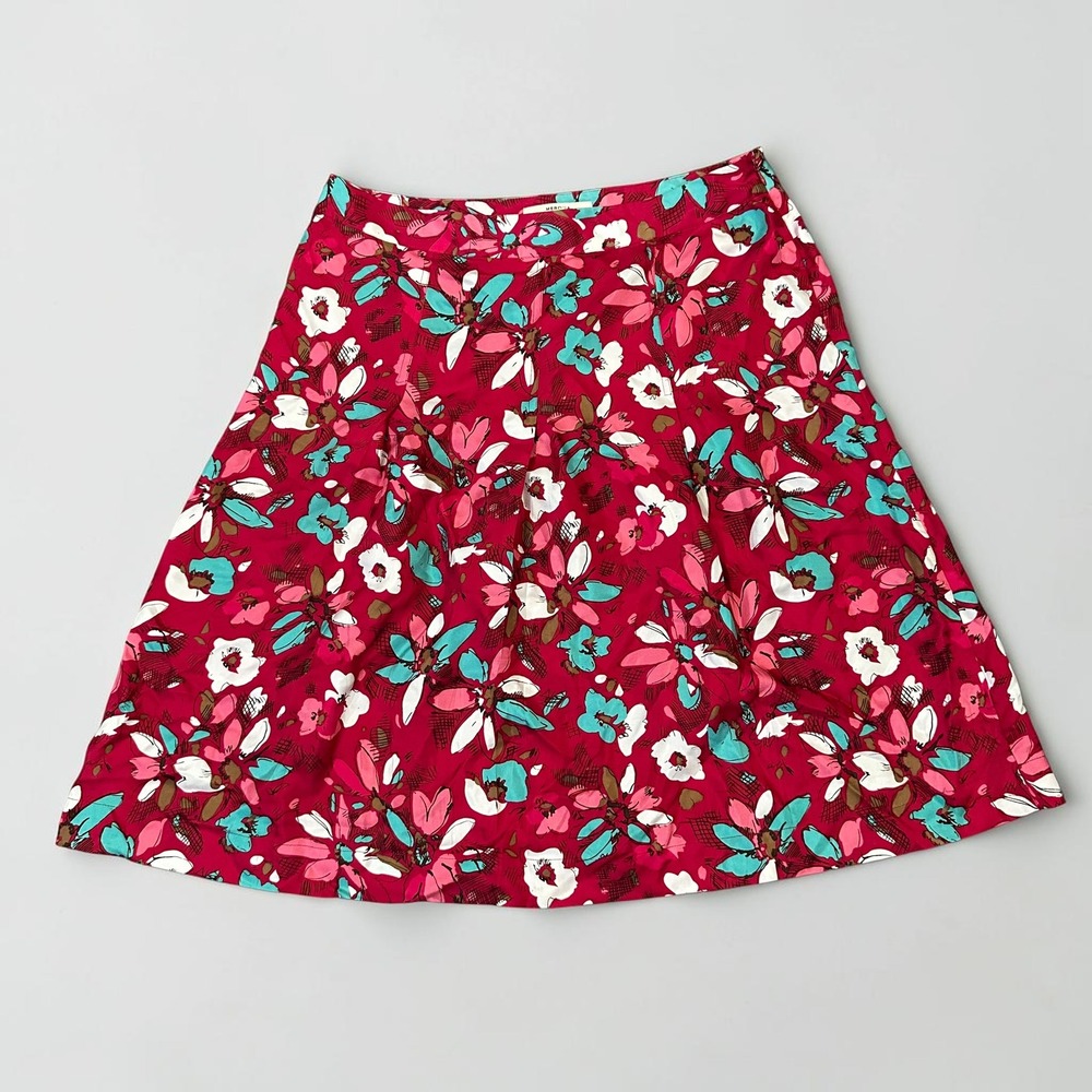 Merona Women Silk Floral Pleated A-Line Skirt Pink Teal Size 8 Cottagecore Boho
